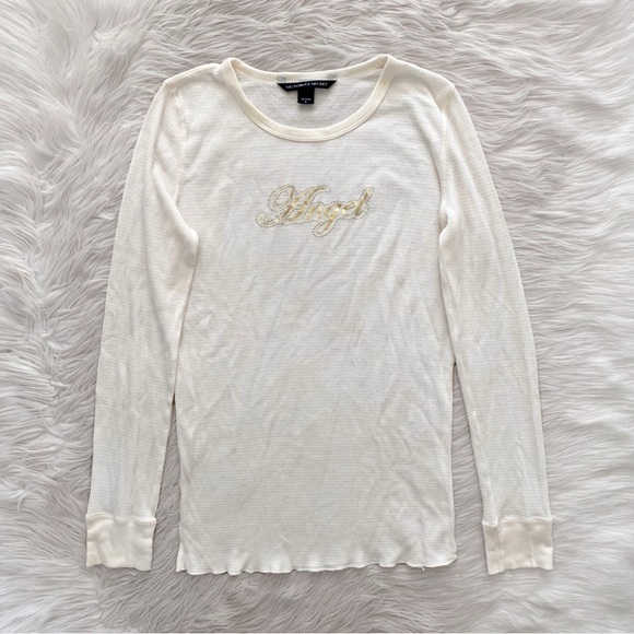 Victoria's Secret Other - Victoria’s Secret Cream Gold Angel Wings Embellished Thermal Long Sleeve Pj Top